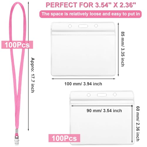 Marspark 100 Sets 4"x3" Name Badge Holder with Lanyard Bulk, Pink - color: Pink