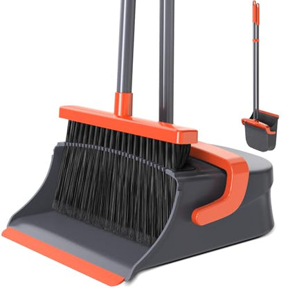 Broom with Dustpan Set for Pet Hair & Dust Cleanup, Orange & Gray - color: Orange & Gray