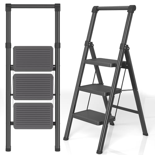 Foldable Step Ladder Stool for Home,3 Step Stool with Wide Anti-Slip Pedal, Heavy Duty 600Lbs Ladder for Indoor Kitchen Closet Stair Use, Black