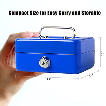 Jssmst Small Cash Box with Lock and Slot, Metal Coin Piggy Bank for Adults and Kids, Blue Locking Money Box - color: Blue, size: XS(4.92")-slot