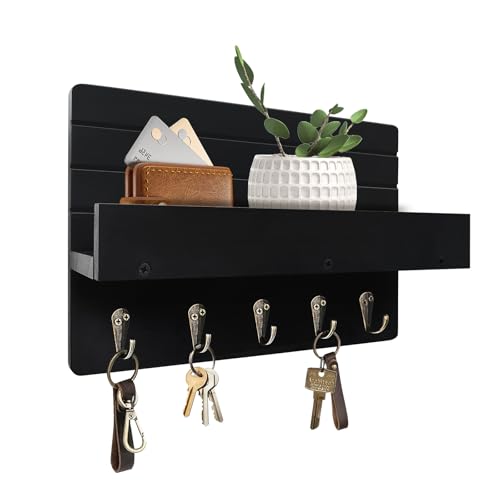 Key Holder Wall Mount, Decorative Key Rack with Shelf & 5 Sturdy Hooks, Rustic Key Hooks for Wall for Mail Organizer Hanging Dog Leash, Glasses, Wooden Key Hanger with Mounting Hardware - size: 10.61in