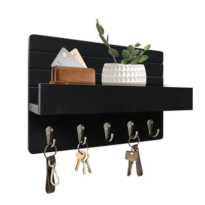 Key Holder Wall Mount, Decorative Key Rack with Shelf & 5 Sturdy Hooks, Rustic Key Hooks for Wall for Mail Organizer Hanging Dog Leash, Glasses, Wooden Key Hanger with Mounting Hardware - size: 10.61in
