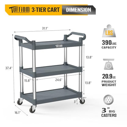 TUFFIOM 3-Tier Plastic Service Utility Cart with Wheels,Heavy Duty 390lbs Capacity,Commercial Rolling for Restaurant, Foodservice, Office, Warehouse, Gray 24.6''L x 15.8''W x 37.4''H - size: Gray 24.6''L x 15.8''W x 37.4''H