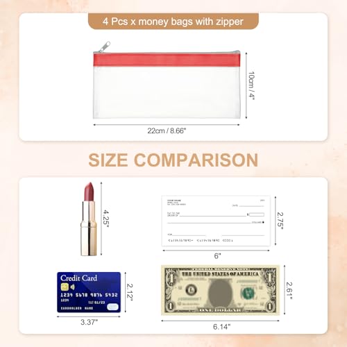 PATIKIL 8.7x3.9 Inch Money Bags with Zipper, 4 Pcs Clear PVC Cash Deposit Bank Pouch Envelopes Makeup Bag Check Wallet for Coin Cosmetics Bill, Red - color: Red