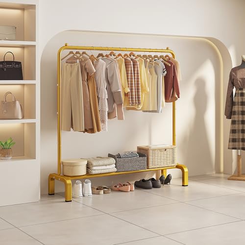 JIUYOTREE Metal 43.3 Inches Garment Rack with Bottom Shelf Clothing Rack for Hanging Clothes Coats Skirts Shirts Sweaters Gold - color: Gold, size: 43.3"W x 15.75"D x 61"H without wheels