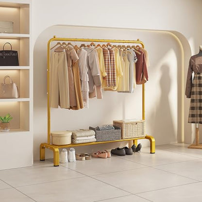JIUYOTREE Metal 43.3 Inches Garment Rack with Bottom Shelf Clothing Rack for Hanging Clothes Coats Skirts Shirts Sweaters Gold - color: Gold, size: 43.3"W x 15.75"D x 61"H without wheels
