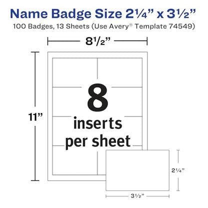 Avery® Customizable Name Badges, Pin Style, 2.25" x 3.5", Clear Name Tag Holders, White Laser/Inkjet Printable Inserts, 100 Total (74549) - size: 2.25" x 3.5", style: 100 badges & inserts