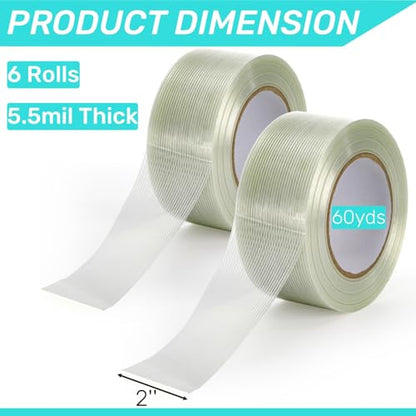 6 Rolls Filament Strapping Tape, 2'' x 60yds x 5.5mil