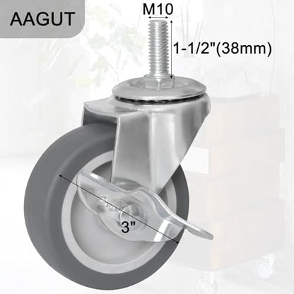 AAGUT 3 Inch Caster Wheels, M10 x 1.5" Threaded Stem Castors, 4 Pack - size: M10 x 38mm