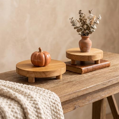 HOZEON 4 PCS Wooden Display Risers, Round Wooden Pedestal Stand for Dessert Display, Kitchen Organization, Retail Display and Home Decor(4 Sizes, Light Brown)