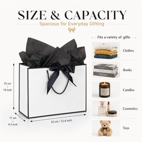 15 Pack White Gift Bags Set with Tissue Paper Ribbon Card for Wedding Party - color: White,Black