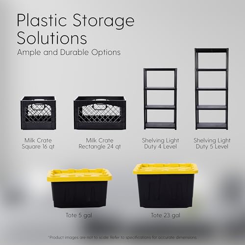 Plastic 23-Gallon Storage Tote with Lockable Lid, Stackable Tough Regular-Duty Bin for Garage, Tools, and Home Organization (4-Pack) - Black and Yellow - size: 23-Gallon (4-Pack)