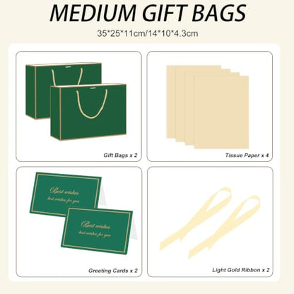 woric 2 Pcs Green Gift Bags, 14" Medium Gift Bags with Tissue Paper - color: Green
