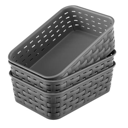 3 Pack Small Plastic Basket, Storage Bin Baskets for Organizing, Pantry Organizer Household Wicker Storage for Laundry Room, Bedrooms, Kitchens, Cabinets, Countertops, Dark Gray - color: 3 Pack Small Drak
