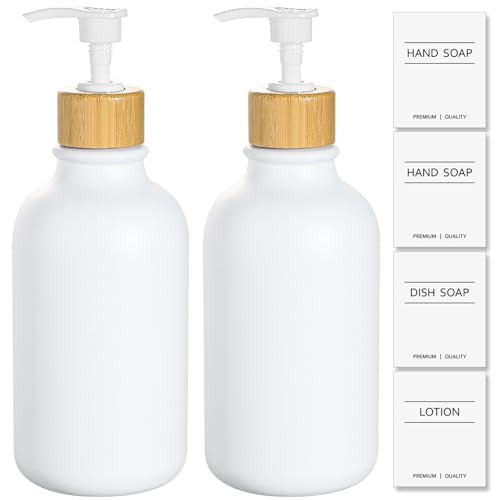 KASUNTING White Soap Dispenser, 2 Pack Plastic Bathroom Hand Soap and Lotion Dispenser Set with Bamboo Pump, 17 Fl Oz Hand and Dish Soap Dispensers Set for Kitchen, Refillable Liquid Soap Bottles - color: White, size: 2 Bottles