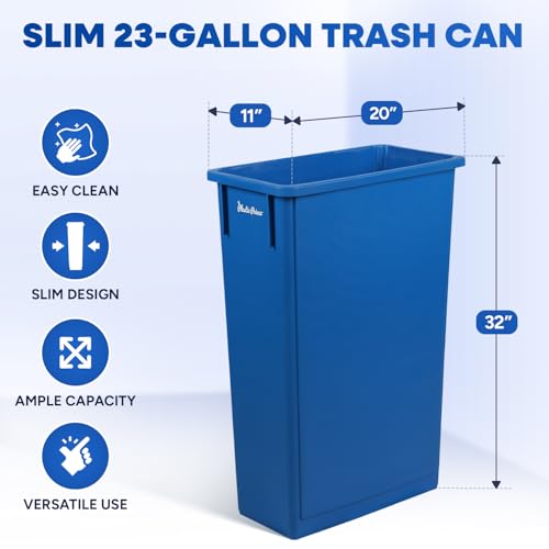 PLASTIC PRINCE 23 Gallon Slim Trash Can Kitchen, Commercial Tall Trash Bin Narrow, Rectangular Slim Jim Skinny Garbage Can for Home Garage Office Restaurant, Blue - style: Blue Can