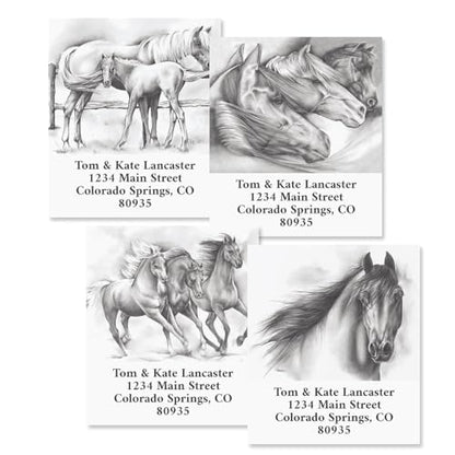 Black and White Horse Square Return Address Labels (4 Designs) - Set of 144 1-1/8" x 2-1/4" Self-Adhesive, Flat-Sheet Label - style: Black & White