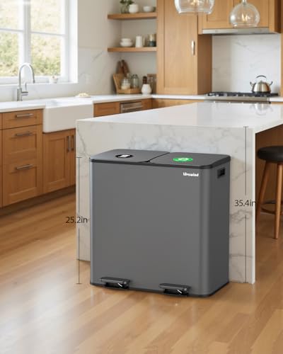 Lovewind Trash Can, 2 x 10.5 Gallon (2 x 40 L) Garbage Can for Kitchen Dual Compartment Recycling Kitchen Step Trash Bin, Stainless Steel Trash and Recycle Bin Combo with Soft-Close Lid, Grey - color: Grey