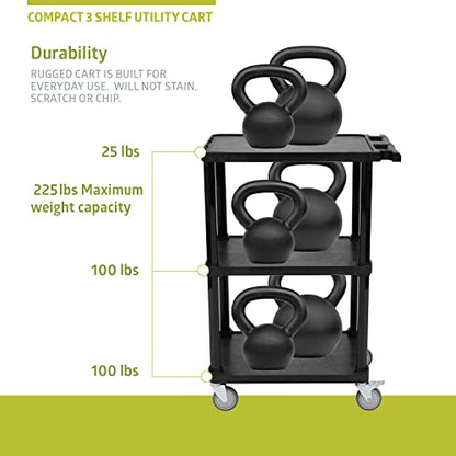 Pearington 3-Tier Compact Multi-Purpose Plastic Utility Cart with Lockable Wheels up to 300LBS, Black - size: 3 Shelves