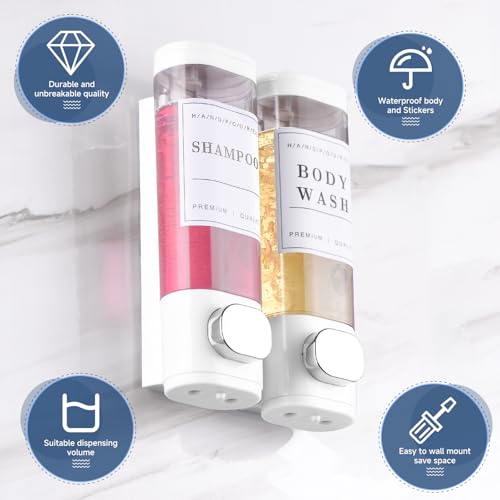 Shampoo and Conditioner Dispenser Bathroom Shower Soap Dispenser Wall Mounted Shampoo Dispenser for Shower Wall No Drill 2 * 350ml White 2 Chamber with Waterproof Labels Self - color: White 2