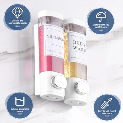 Shampoo and Conditioner Dispenser Bathroom Shower Soap Dispenser Wall Mounted Shampoo Dispenser for Shower Wall No Drill 2 * 350ml White 2 Chamber with Waterproof Labels Self - color: White 2
