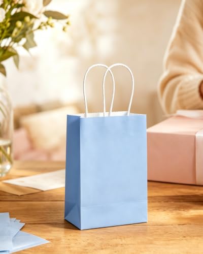 qiqee 24PCS Mini Gift Bag with Handles Bulk 4.5"x2.5"x6" Gift Bags Light Blue Bags Multiple Uses - color: Light Blue