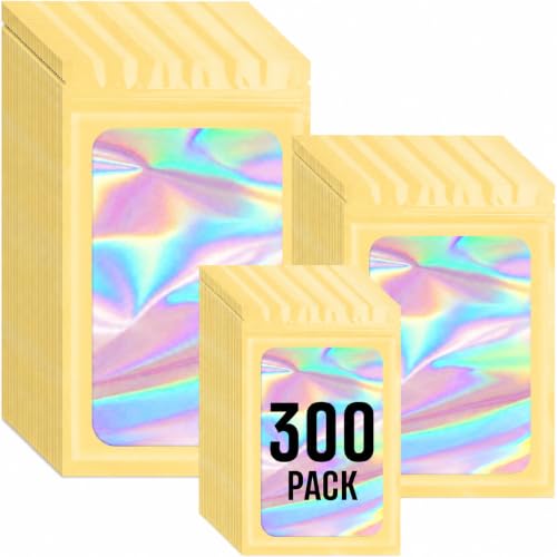 Funfery 300Pack 3Size Mylar Holographic Bags with Clear Window,Light Yellow - color: Light Yellow, size: 3x4.7+4x6+4.7x7.9 Inch