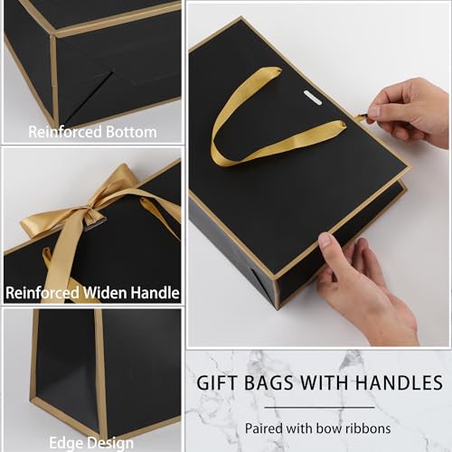 STOBOCTER 6 Pcs Elegant Paper Gift Bags with Handles 12.6''x4''x9.1'' Thank You 5 Senses Gift Bags with Bow Ribbon for Father's Day Wedding Bridesmaid Groomsmen Graduation Birthday Party(Black, Gold) - color: Black, Gold, size: 1 Count (Pack of 6)