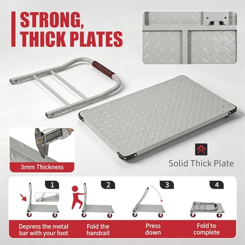 Heavy Duty 1800LBS Steel Platform Truck Cart – 36"x24" Flatbed Push Cart, 6" Swivel Wheels & Brakes, Collapsible Handle, Utility Dolly for Warehouse & Garage - color: Silver