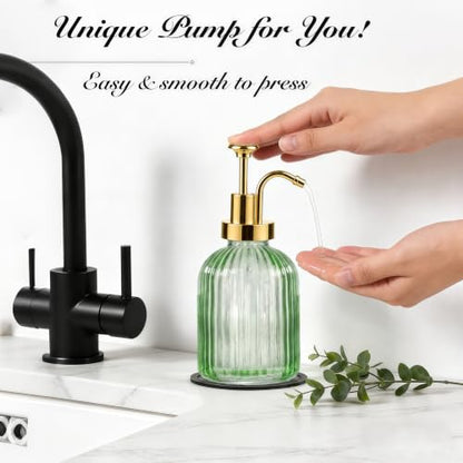 SheeChung 12oz Green Glass Liquid Soap Dispenser, Gold Pump, Striped,1 Pack - color: Green, Gold Pump, 1pc