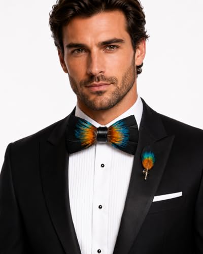 RBOCOTT Handmade Feather Pre-tied Bow tie and Brooch Sets for Men - color: Orange/Blue