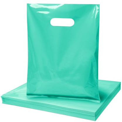 100 Count Teal Plastic Gift Bags with Handles, 9 x 12 Inch - color: 05-Teal, size: 9"x12"