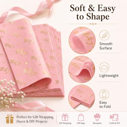 ROVIBIOBIO Thank You Pink Tissue Paper, 100 Sheets, 20 x 14 Inch - color: Gold Pink