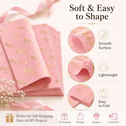 ROVIBIOBIO Thank You Pink Tissue Paper, 100 Sheets, 20 x 14 Inch - color: Gold Pink