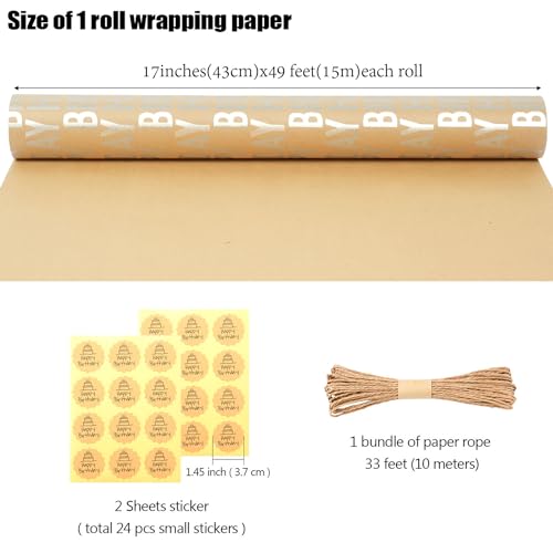 MAMUNU Birthday Wrapping Paper Roll, Silver and Brown Kraft Happy Birthday Wrapping Paper Jumbo Roll for Boys Girls Women Men, 17x590 inch (70 sq. ft.) - color: Silver