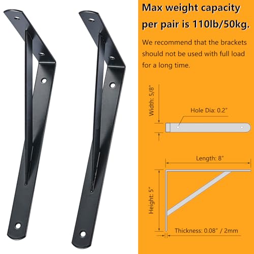 Heavy Duty Shelf Brackets, 8 in X 5 in Wall Mount L Steel Bracket for Floating Shelf, Black, 4 Pack