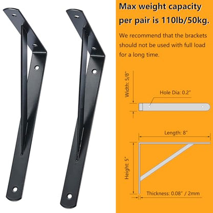 Heavy Duty Shelf Brackets, 8 in X 5 in Wall Mount L Steel Bracket for Floating Shelf, Black, 4 Pack