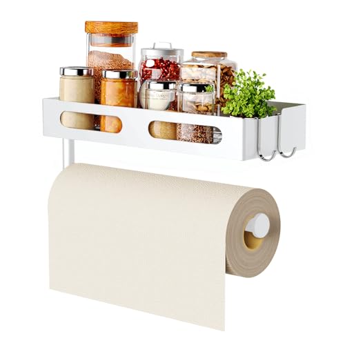 Paper Towel Holder Wall Mount for Kitchen, Paper Towel Holder with Shelf for Bathroom, RV Paper Towel Rack with 2 Hooks, White - color: White