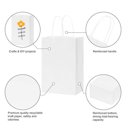 OUTUXED 150pcs White Paper Bags with Handles, 5.25x3.2x8in Small Gift Bags - color: White 5.25x3.2x8in, size: 1 Count (Pack of 150)
