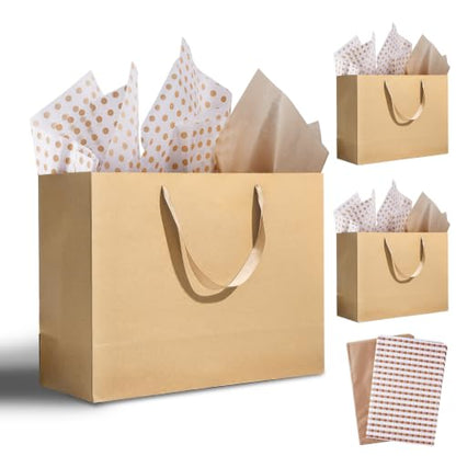 Plauthus 15.7" Brown Gift Bags, 3-Pack with Tissue Paper and Ribbon - color: brown-XL-3pcs