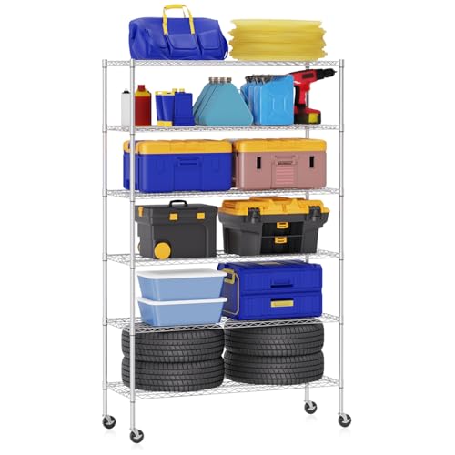 BestOffice | 6-Tier Wire Shelf with Wheels | 48" x 18" x 77" | Chrome - color: Chrome, size: 48"D x 18"W x 77"H
