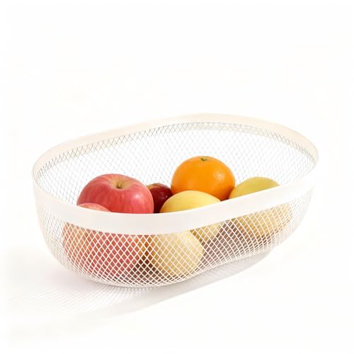 Oval Metal Mesh Basket - Elegant Multi-Purpose Kitchen Fruit & Snack Storage Organizer, Ideal for Countertop, Entertaining & Gift Giving (White) - color: White
