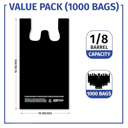 Bagtron T-Shirt Carry-Out Bags, Disposable Plastic Bags with Handles for Shopping and Restaurant, 1/8 Barrel, 0.51 Mils, Black, 10" x 5" x 18", 1000 Count - style: Plain, Black, M, 0.51 Mils (1000 Ct)