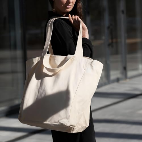 musbus 3-Pack Large Canvas Tote Bag, Reusable Grocery Bags, Heavy Duty - color: Beige