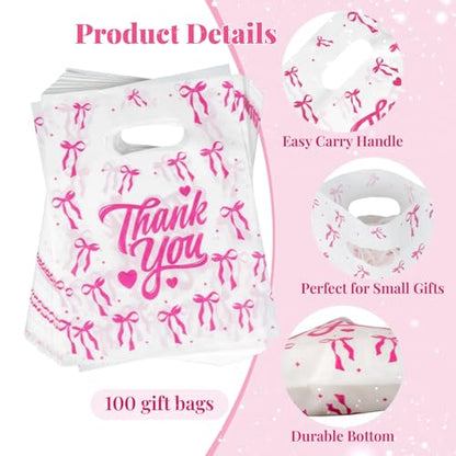 Pink Bow Thank You Bags Plastic with Handle for Small Business, 5.9x7.8 - color: Pink Bow Thank You, size: 7.8x11.8 Inch (Pack of 100)