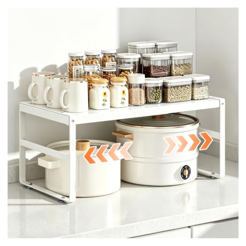 Expandable Kitchen Organizer Shelf, Cabinet Countertop Shelves - color: White