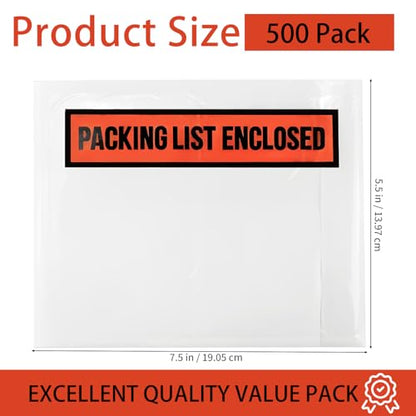 500 Pack 7.5 x 5.5 Inch Packing List Envelopes, Clear Packing Slip Pouches - size: 7.5'' x 5.5''