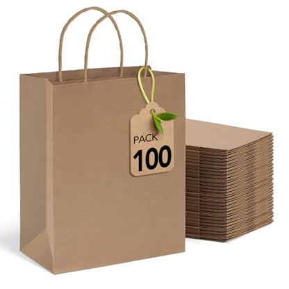 MESHA Brown Kraft Paper Bags 10x5x13 Inch 100Pcs Gift Bags with Handles - color: Brown 10x5x13 Inch, size: 1 Count (Pack of 100)