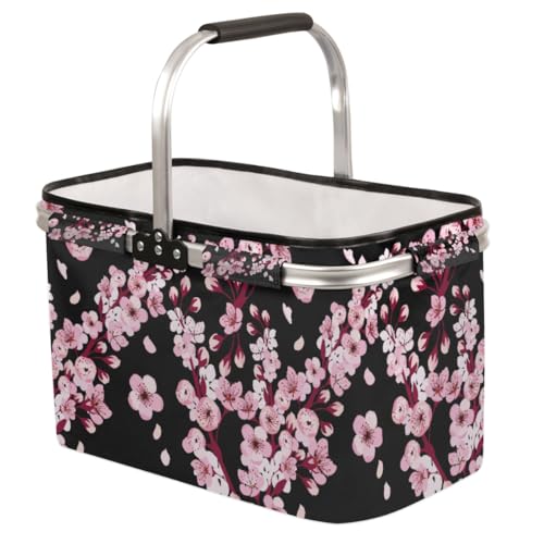 Cherry Blossom Collapsible Market Basket, Leakproof Folding Collapsible Portable Picnic Basket Strong Aluminum Frame for Travel, Shopping, Camping & Lake Trips - color: Cherry Blossom