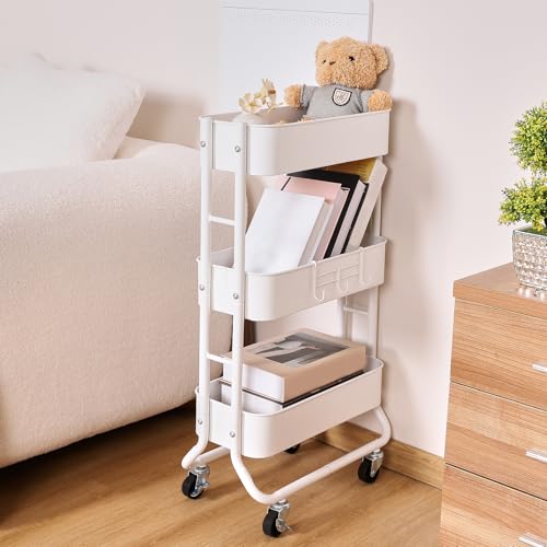 MAX Houser Slim 3-Tier Rolling Utility Cart with Extra Hook, White - color: White, size: 3-Tier Narrow Cart